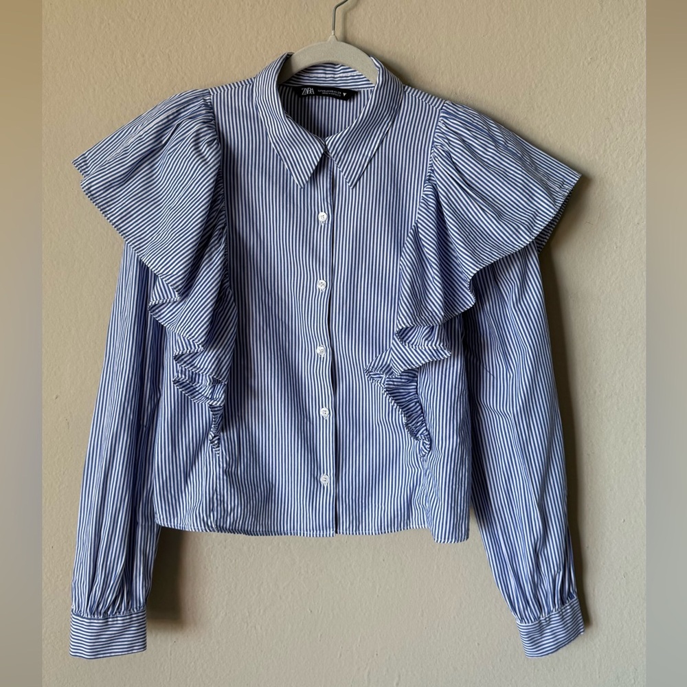 Zara Long Sleeve Stripe Blue White Shirt Ruffles Size XS - Picture 7 of 10